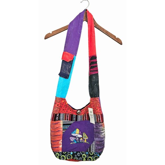 Kathmandu Patchwork Crossbody Bag Handmade Himalayan Boho Mushroom Hippie NWT - Picture 2 of 13